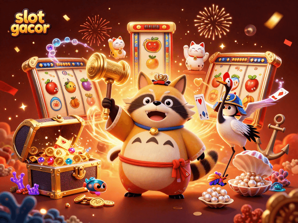 Experience the excitement of slot gacor with cheerful tanuki and lucky symbols in this vibrant scene.