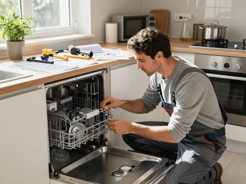 Expert technician performing Dishwasher Repair in a bright modern kitchen, showcasing tools and equipment.