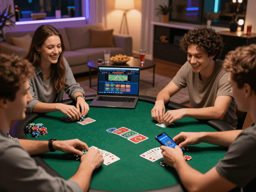 Friends enjoying gambling online with poker chips at home, showcasing the excitement of gambleonline.
