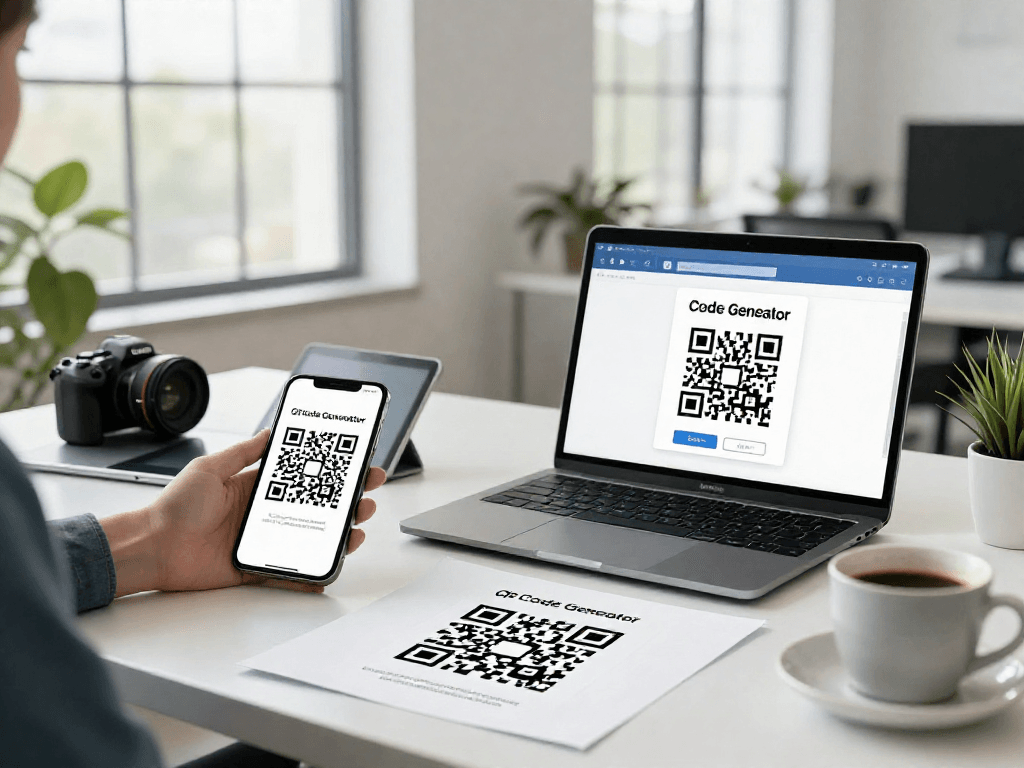Creating custom QR codes using a QR Code Generator Online in a modern workspace with devices and documents on a desk.