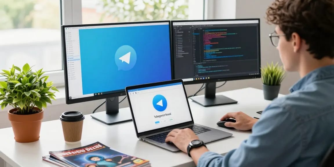 Seamless tech workspace showcasing Telegram download on dual monitors.