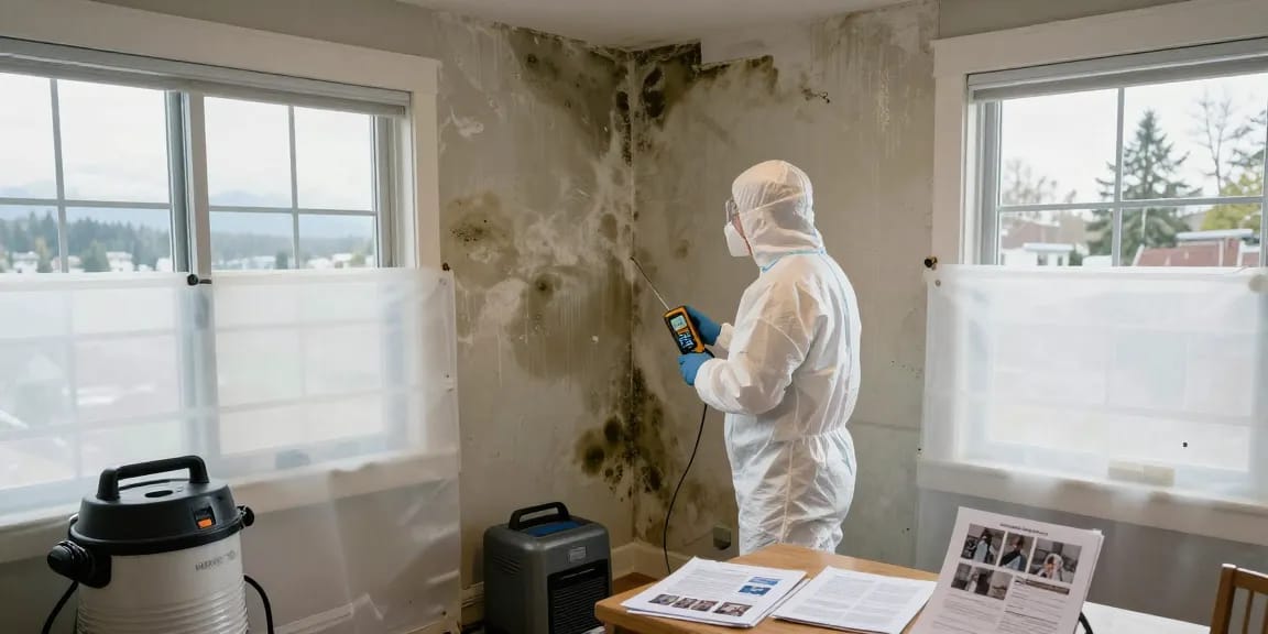 Mold Remediation Vancouver technician inspecting moldy wall with HEPA equipment in a home.
