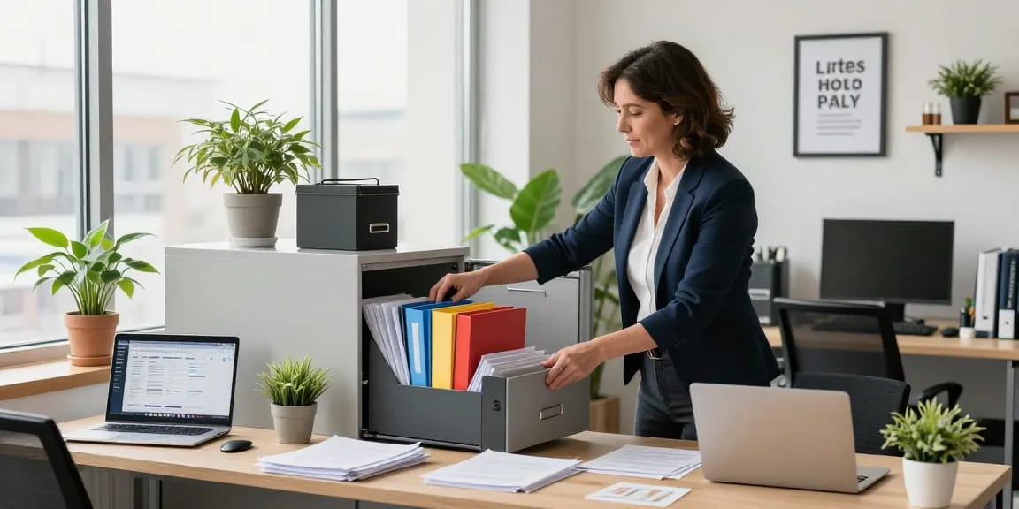 Professional office organizer Ottawa arranging a cluttered desk, enhancing productivity.