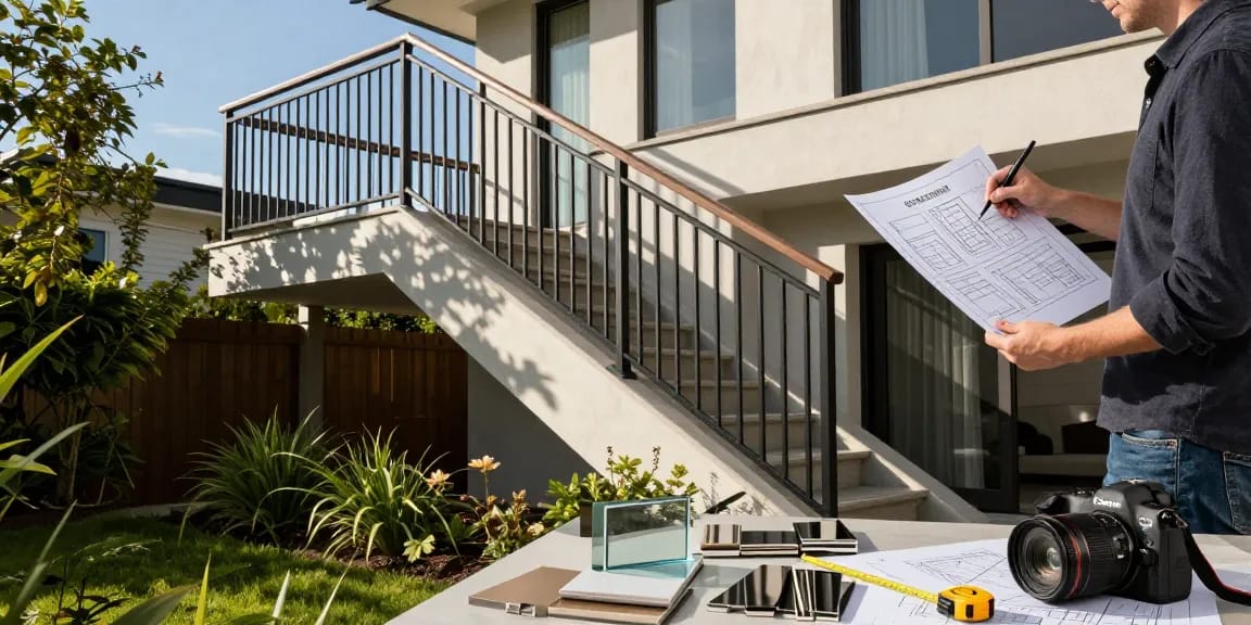 Custom railing vancouver showcased in an elegant outdoor setting with a modern balcony and design plans.