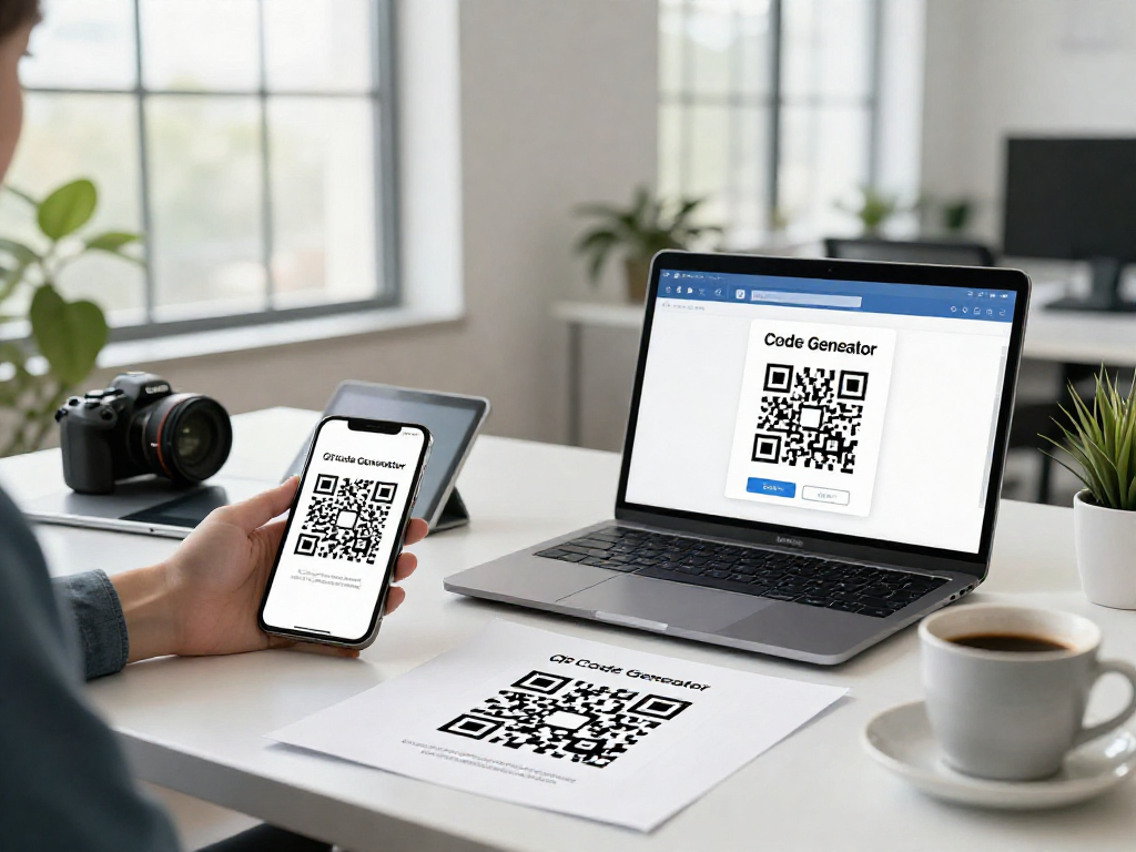 Creating custom QR codes using a QR Code Generator Online in a modern workspace with devices and documents on a desk.