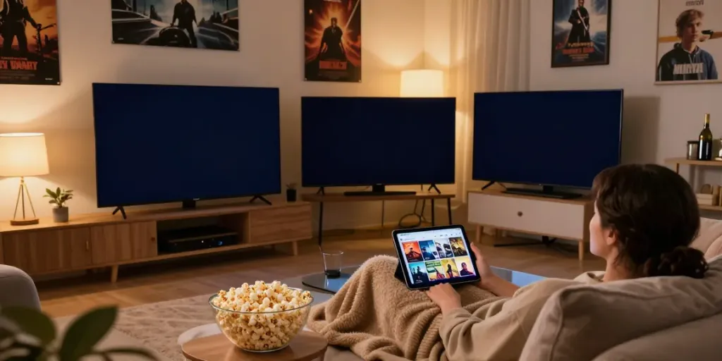Cozy living room scene with a person watching MovieBox on HD screen, popcorn and tablet nearby.