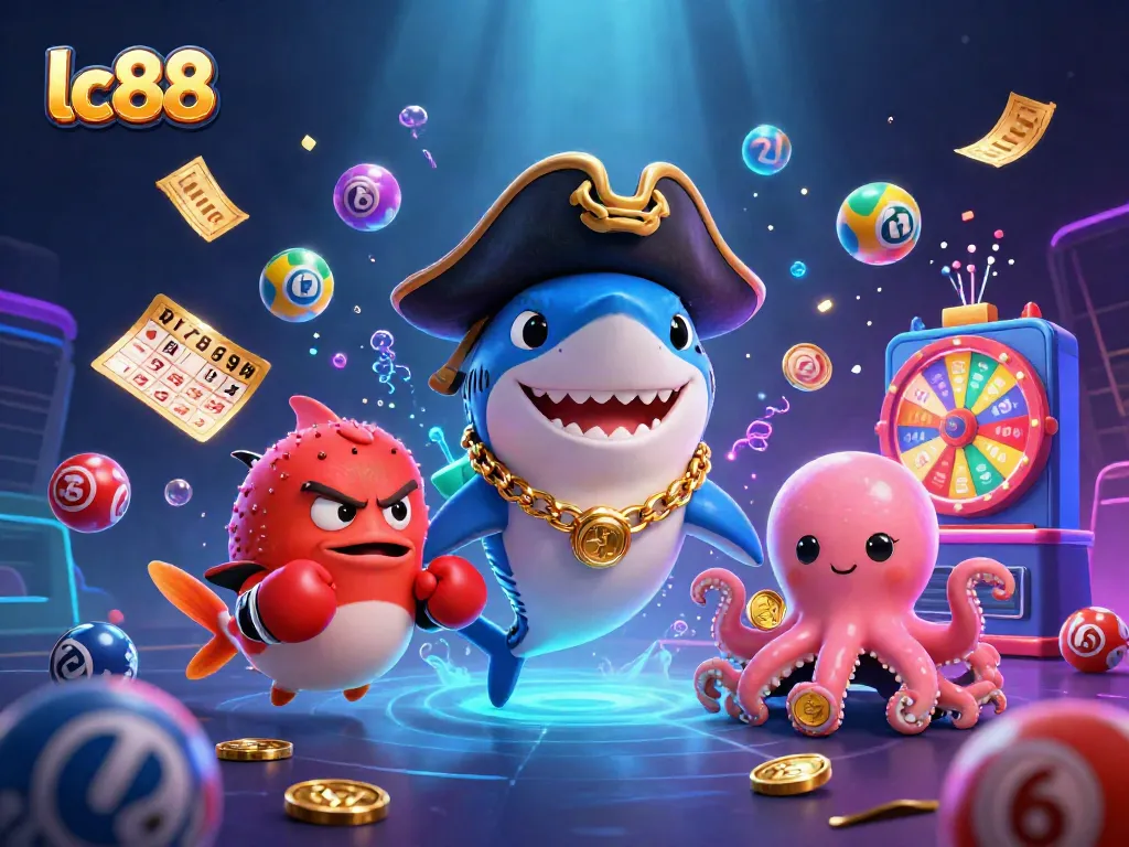 Engage in thrilling lc88 lottery action with a cartoon pirate and friends amidst dynamic game elements.
