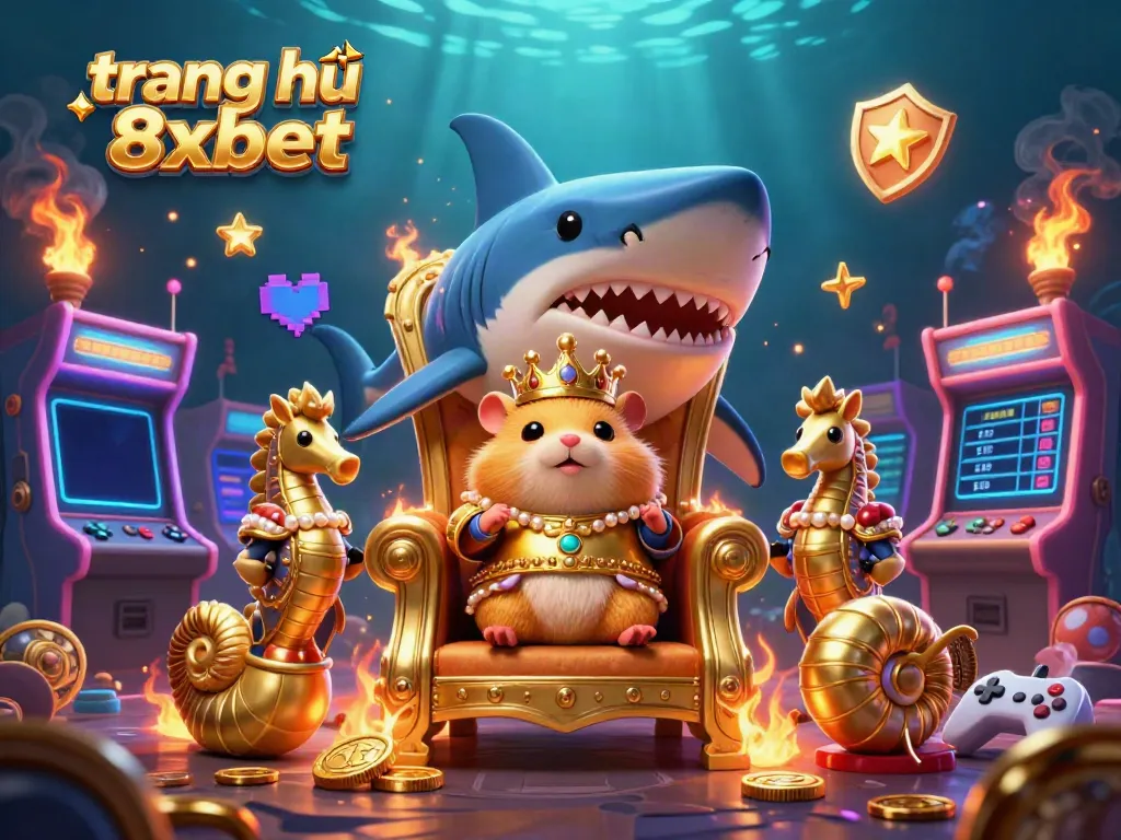 Experience the excitement at trang chủ 8xbet with a golden hamster king on a shark throne surrounded by colorful gaming machines.