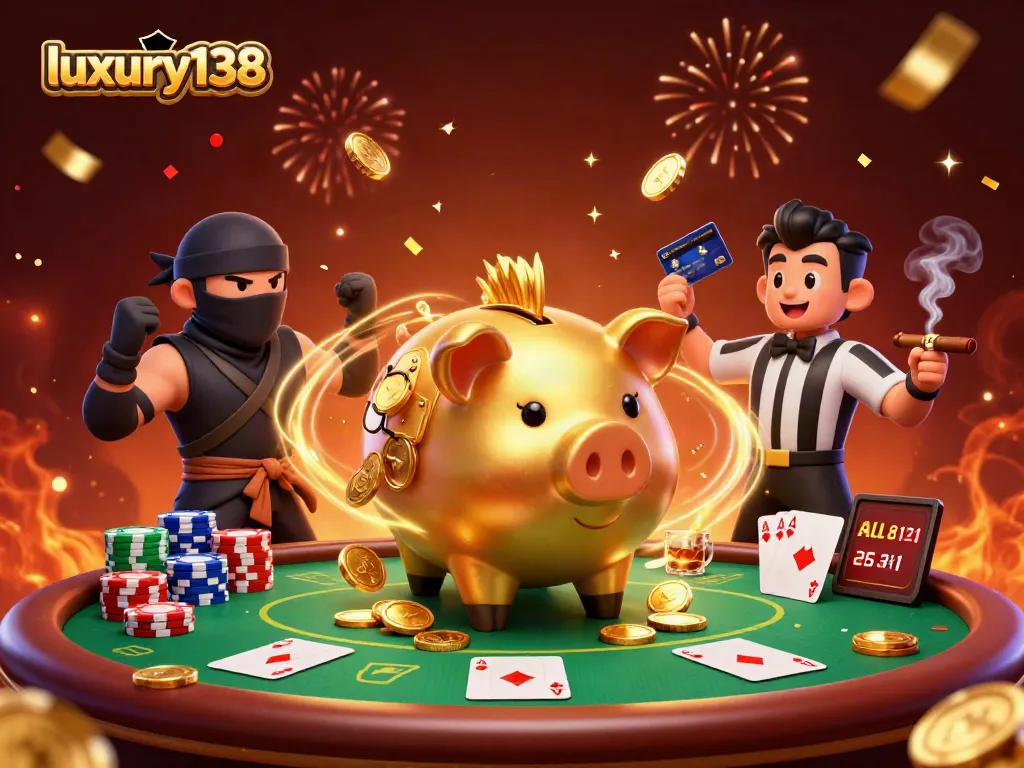 Experience the excitement of luxury138 gaming with a dynamic 3D chaotic scene featuring a grand sumo piggy bank!