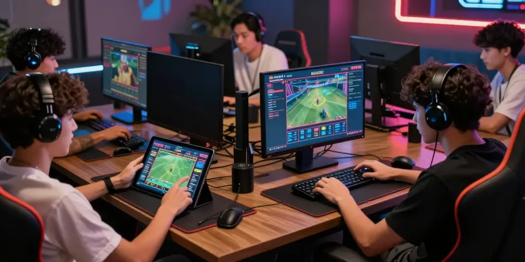 Diverse group of players enjoying online gaming at Man88, showcasing exciting betting and vibrant graphics.