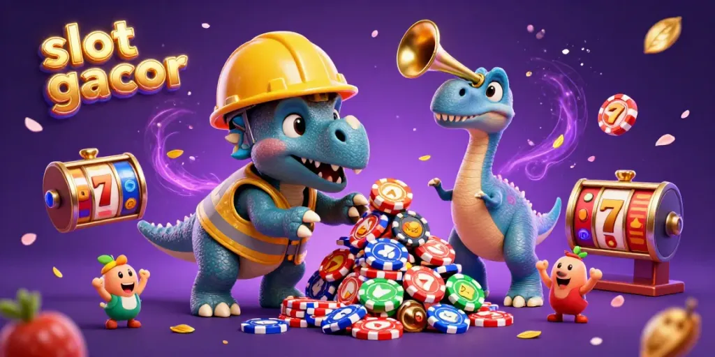 Slot gacor dengan triceratops dan teman merayakan jackpot di kasino yang ramai.
