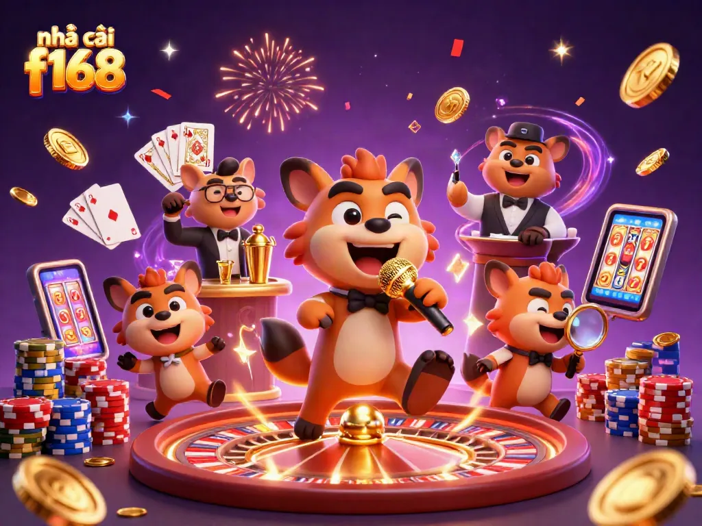 Engaging scene with nhà cái f168 hyena comedians delighting bettors in a vibrant casino atmosphere