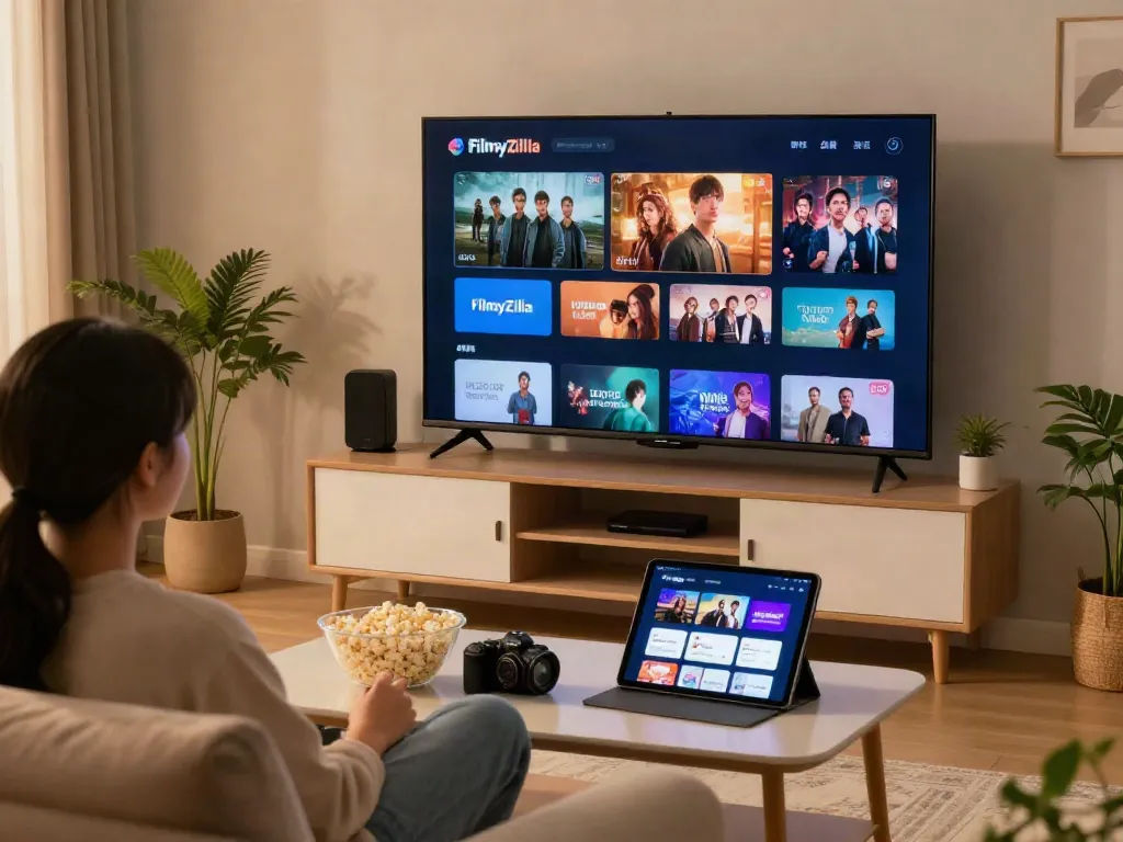 Enjoying movies on FilmyZilla APK in a cozy living room.