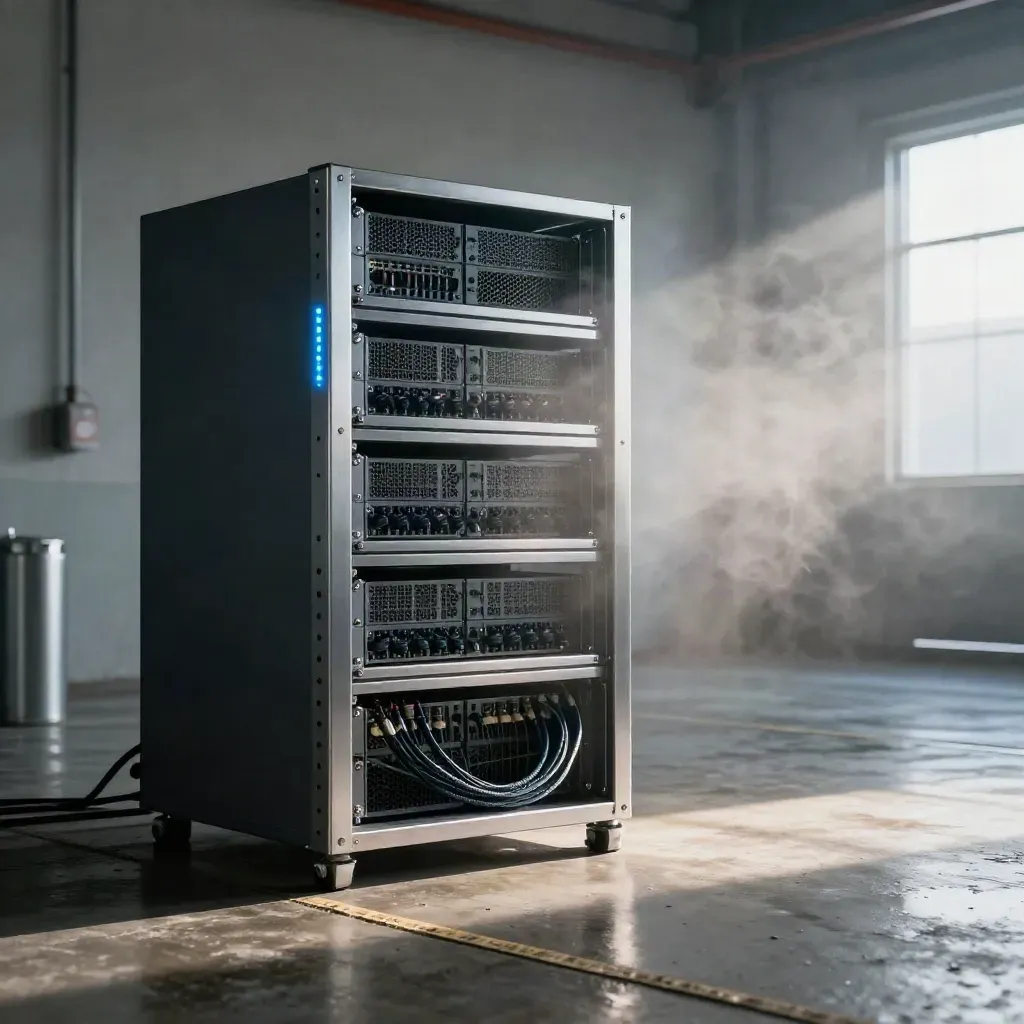 Brushed-metal server rack in misty loading bay with blue accent light