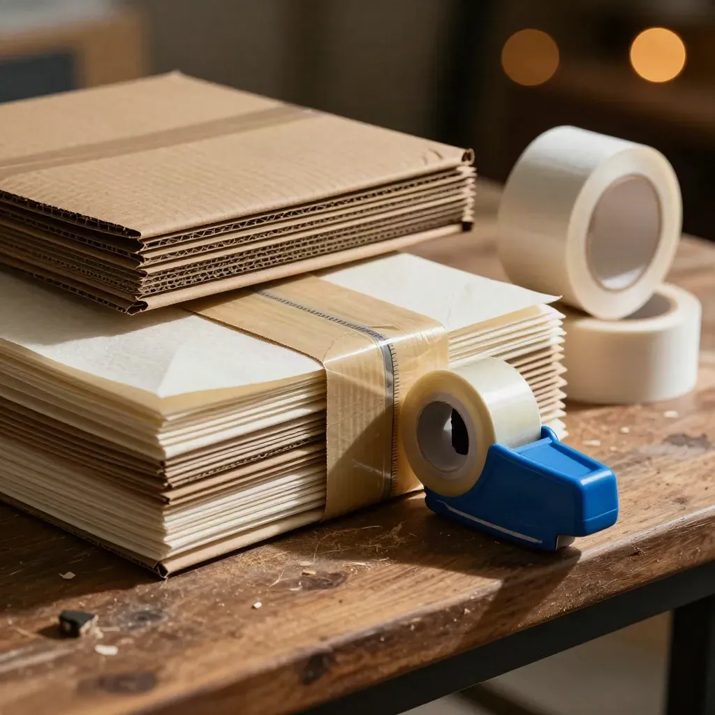 Close-up of sealed kraft mailers, tissue, label rolls and a taped box on a walnut packing bench.