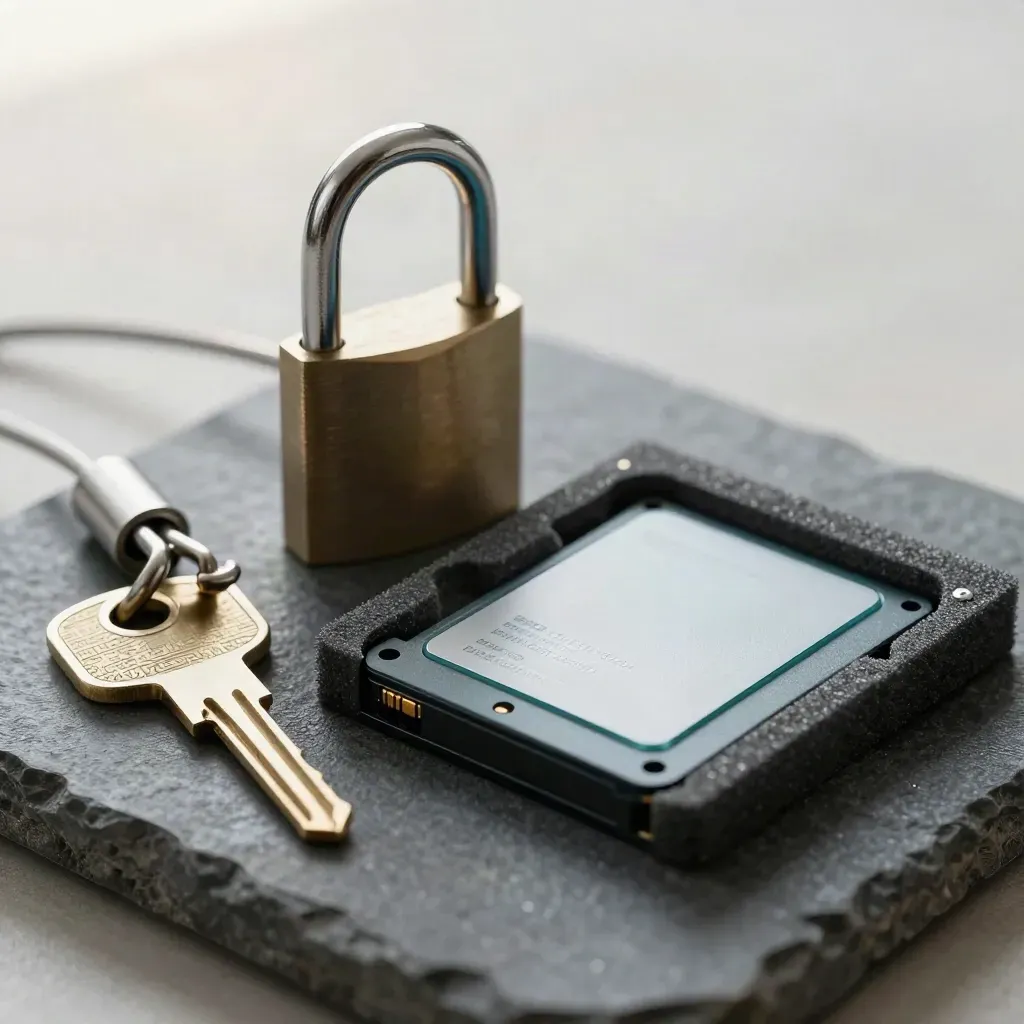 Macro still life of padlock, key blank, cable coupler, and SSD on dark stone