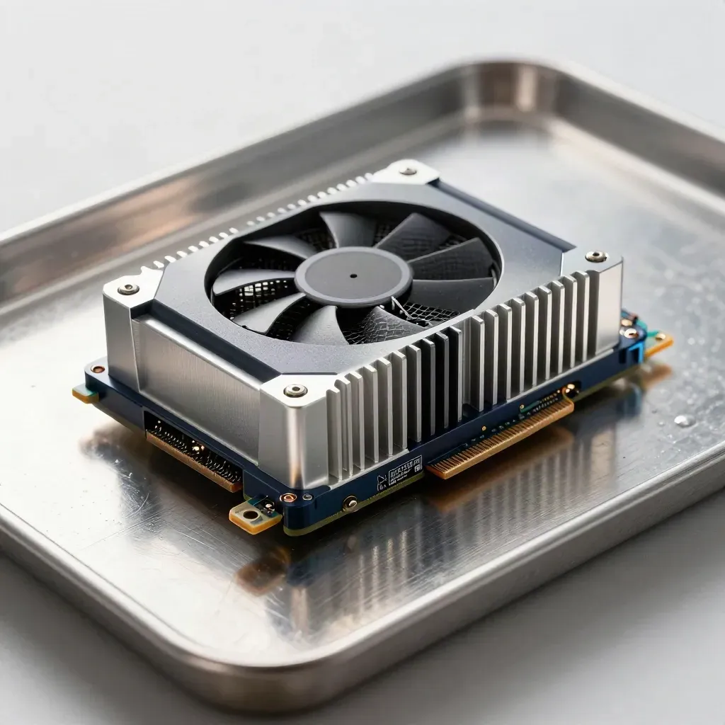 Top-down close-up of an NVMe drive, heatsink stack, thermal pads, and fan grille on brushed metal.