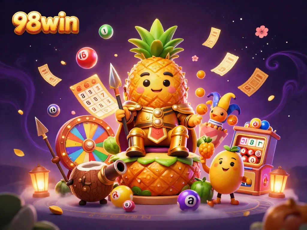 Engage with 98win's vibrant casino scene featuring a golden pineapple king and dynamic game elements.