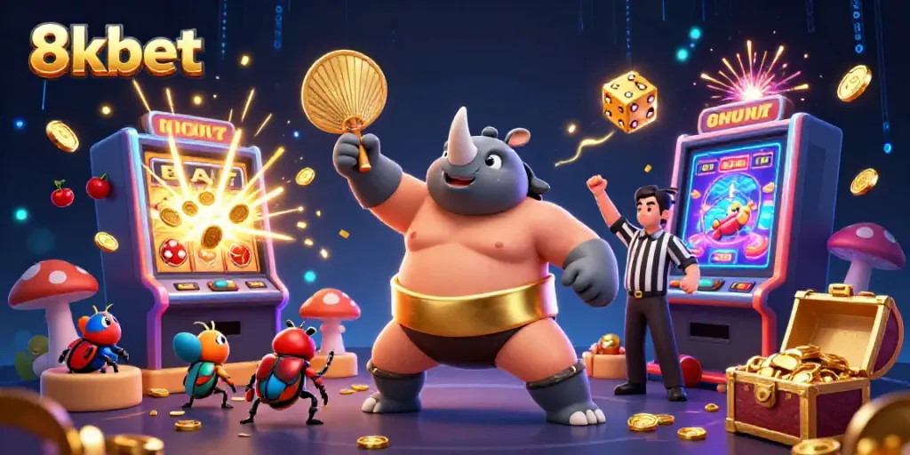 Experience thrilling gameplay with 8xbet featuring a cartoon beetle sumo champion among casino elements.