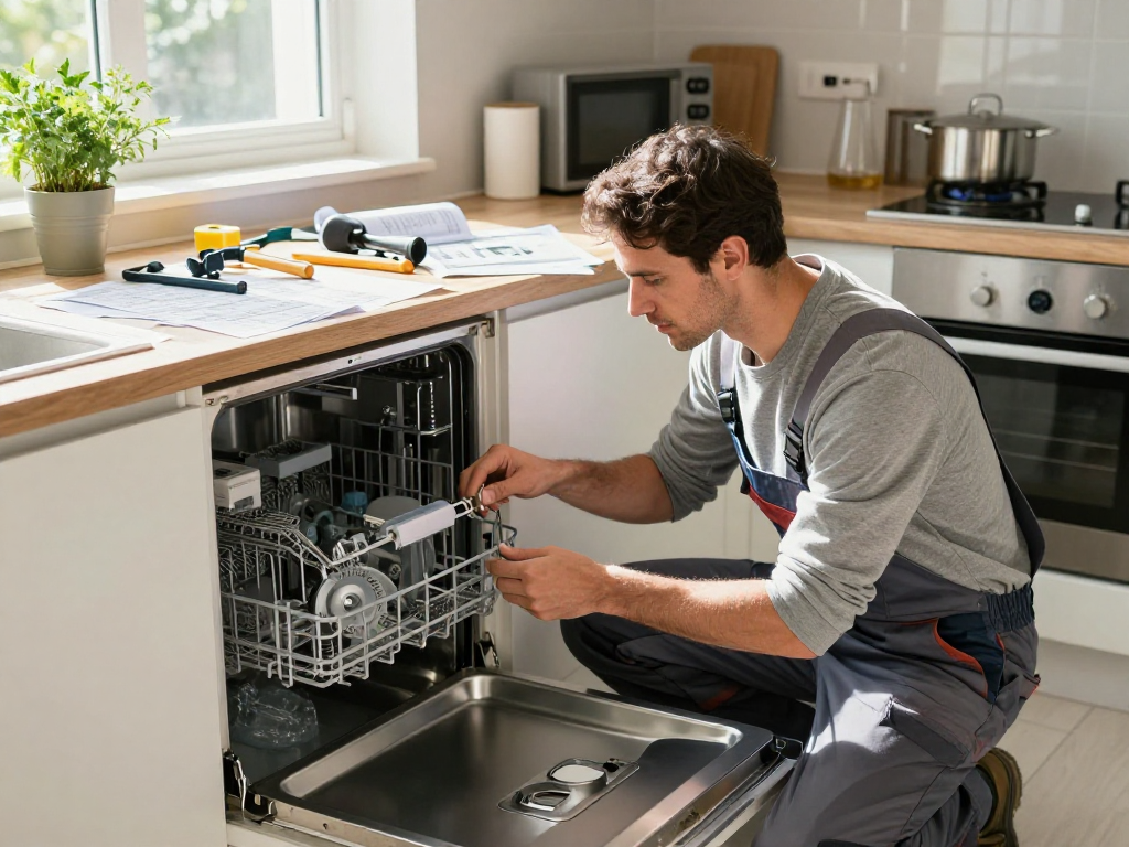 Expert technician performing Dishwasher Repair in a bright modern kitchen, showcasing tools and equipment.