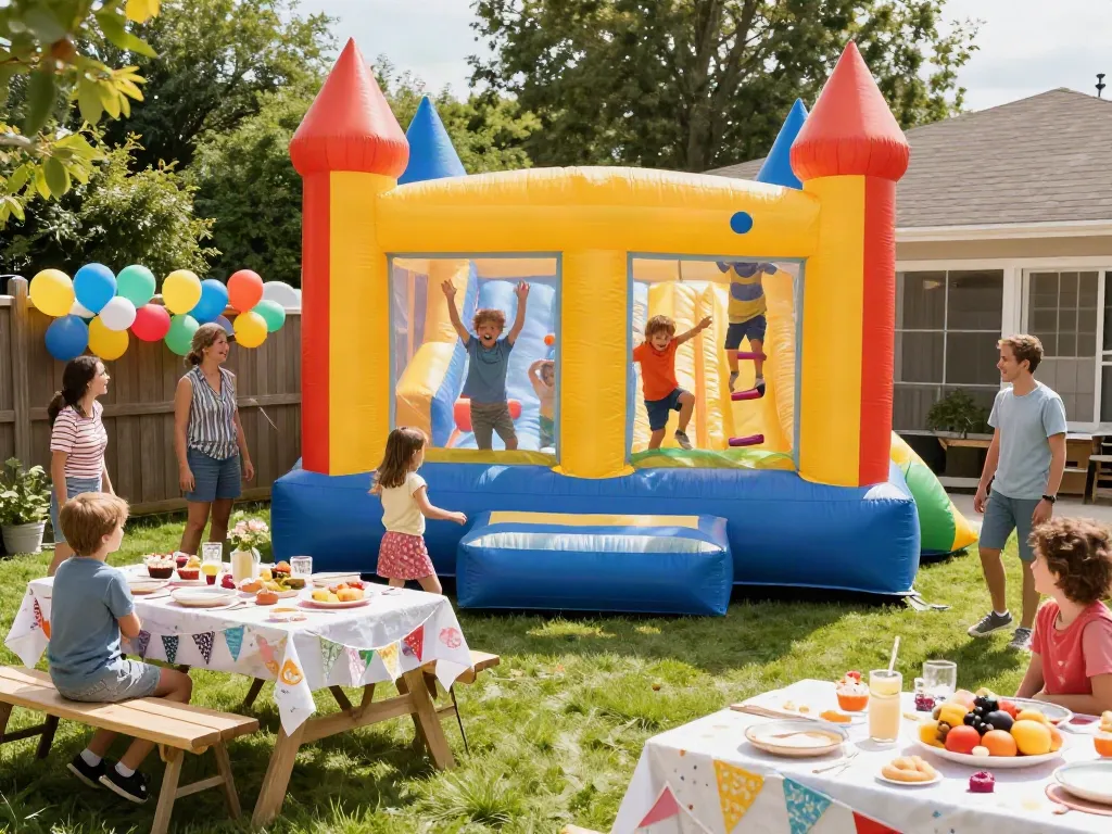 Children enjoying an inflatable castle at a vibrant birthday party, showcasing fun and action.
