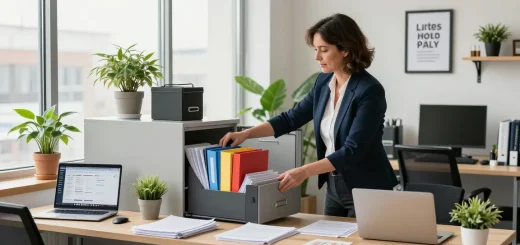 Professional office organizer Ottawa arranging a cluttered desk, enhancing productivity.